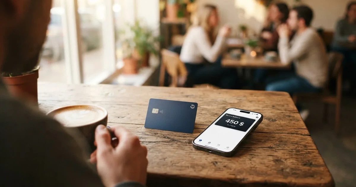 A payment card next to a phone with a crypto wallet app open