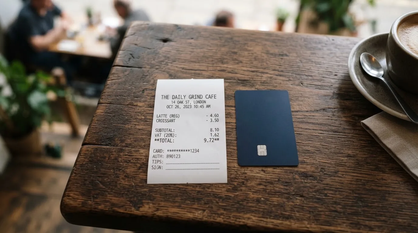 A receipt and a card on a café table