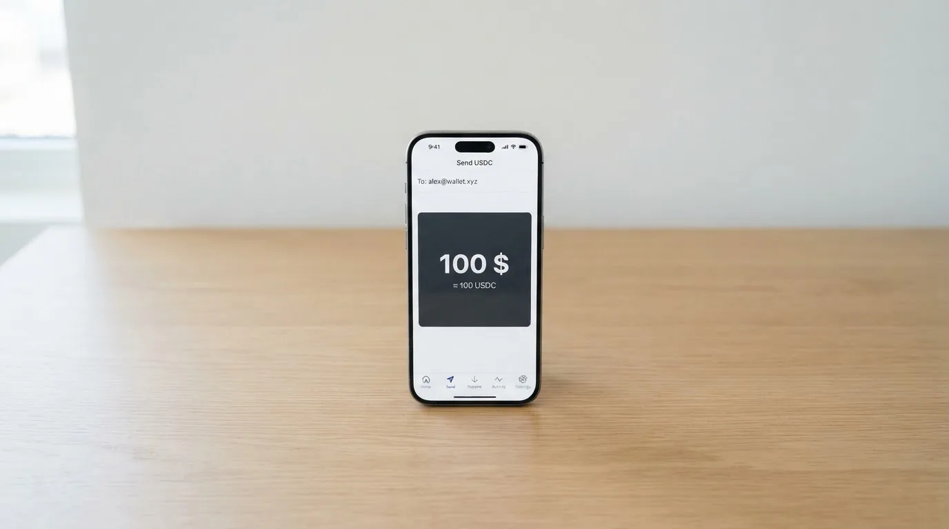 A phone showing a stablecoin transfer screen