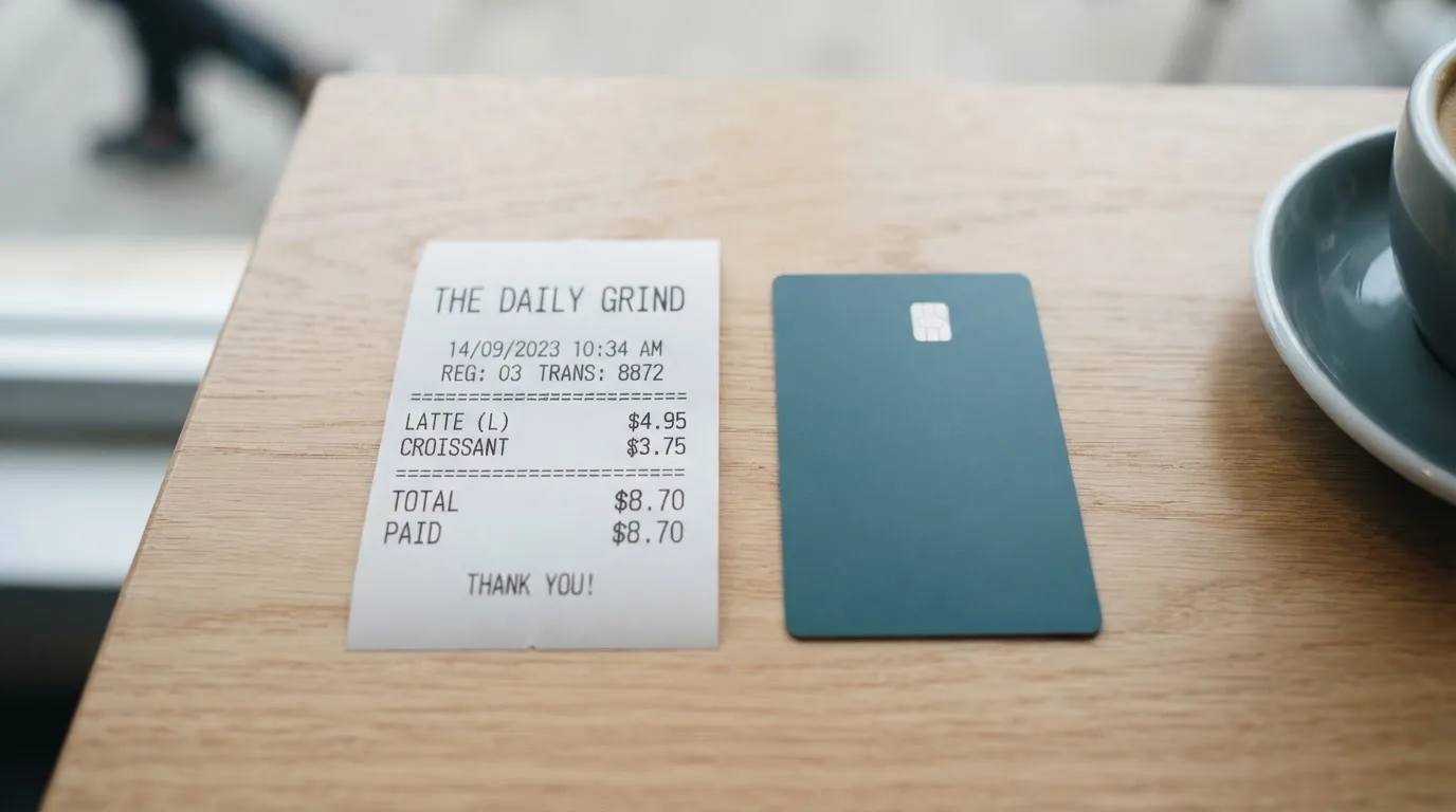 A receipt and a card on a café table