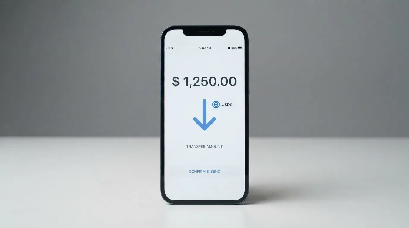A phone showing a stablecoin transfer screen