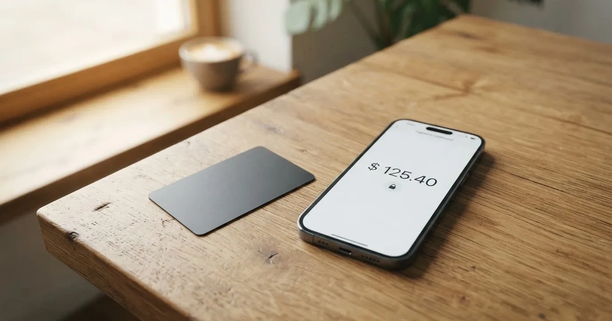 A payment card next to a phone with a crypto wallet app open