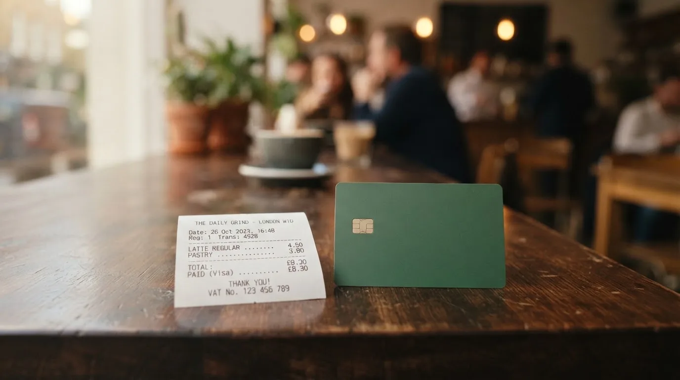 A receipt and a card on a café table