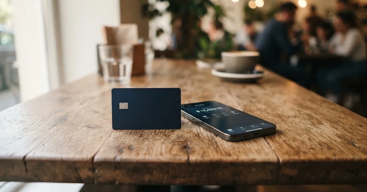 A payment card next to a phone with a crypto wallet app open