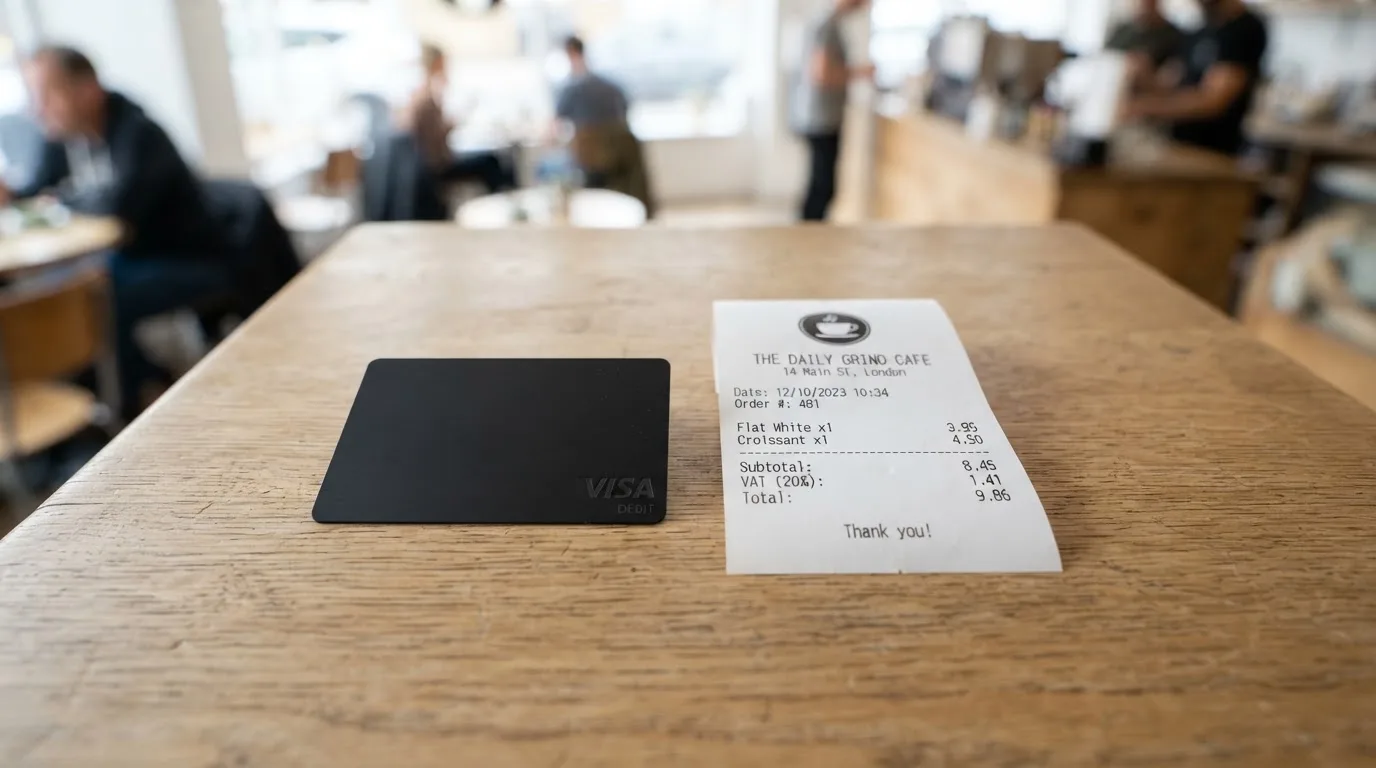 A receipt and a card on a café table