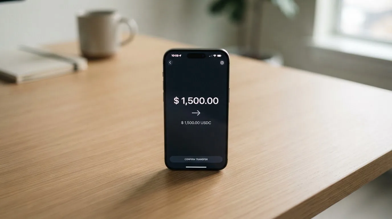 A phone showing a stablecoin transfer screen
