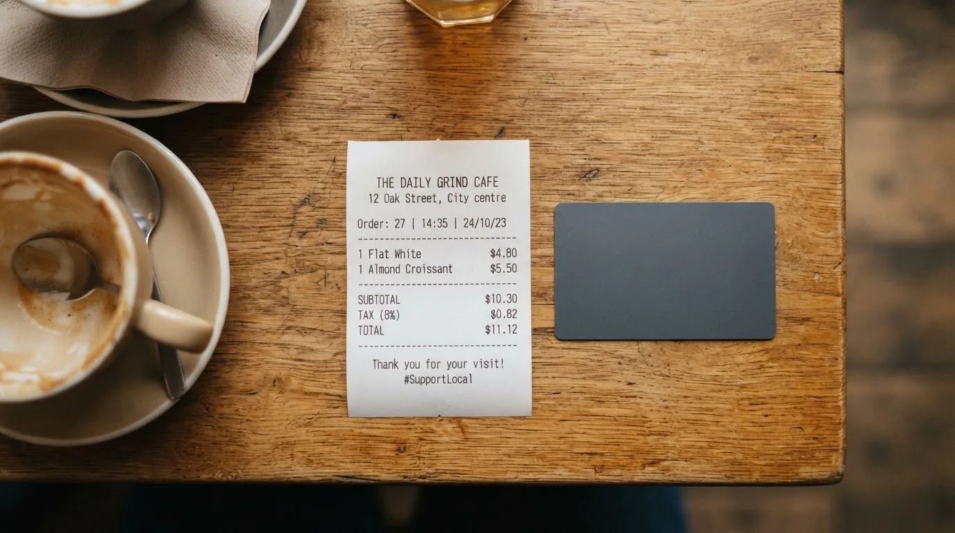 A receipt and a card on a café table