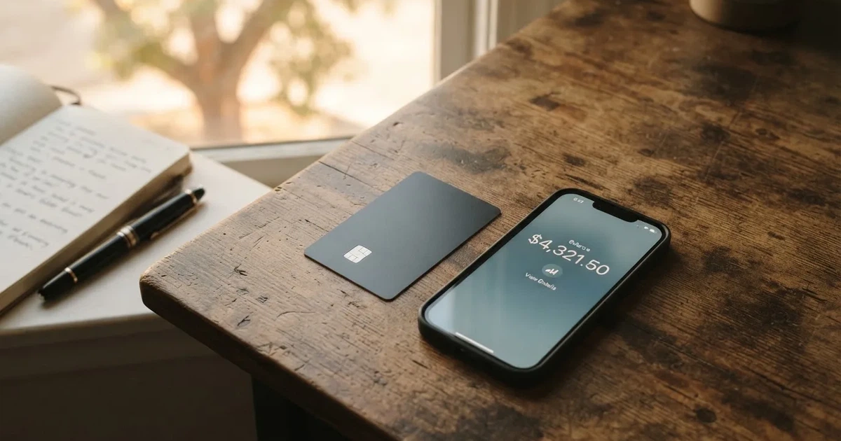 A payment card next to a phone with a crypto wallet app open