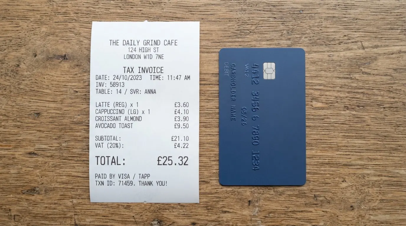 A receipt and a card on a café table