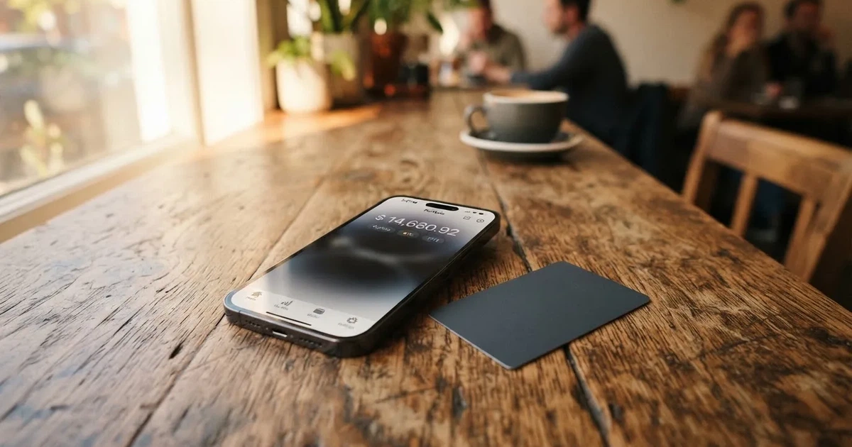 A payment card next to a phone with a crypto wallet app open