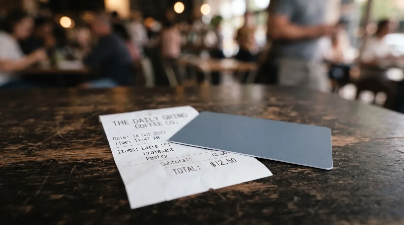 A receipt and a card on a café table