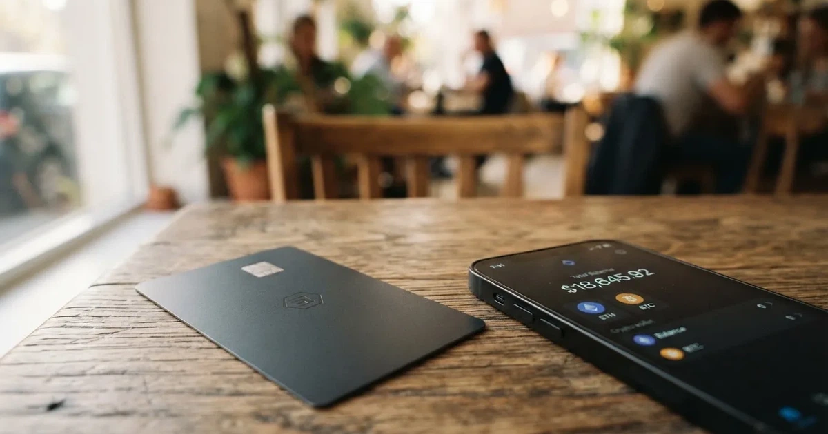 A payment card next to a phone with a crypto wallet app open