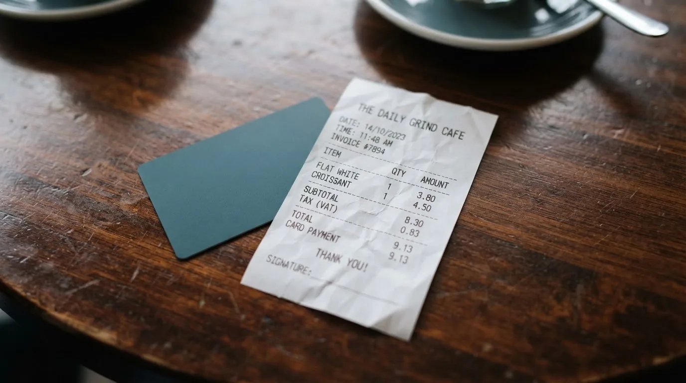 A receipt and a card on a café table