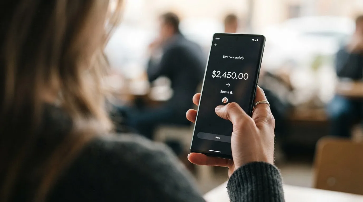 A phone showing a stablecoin transfer screen