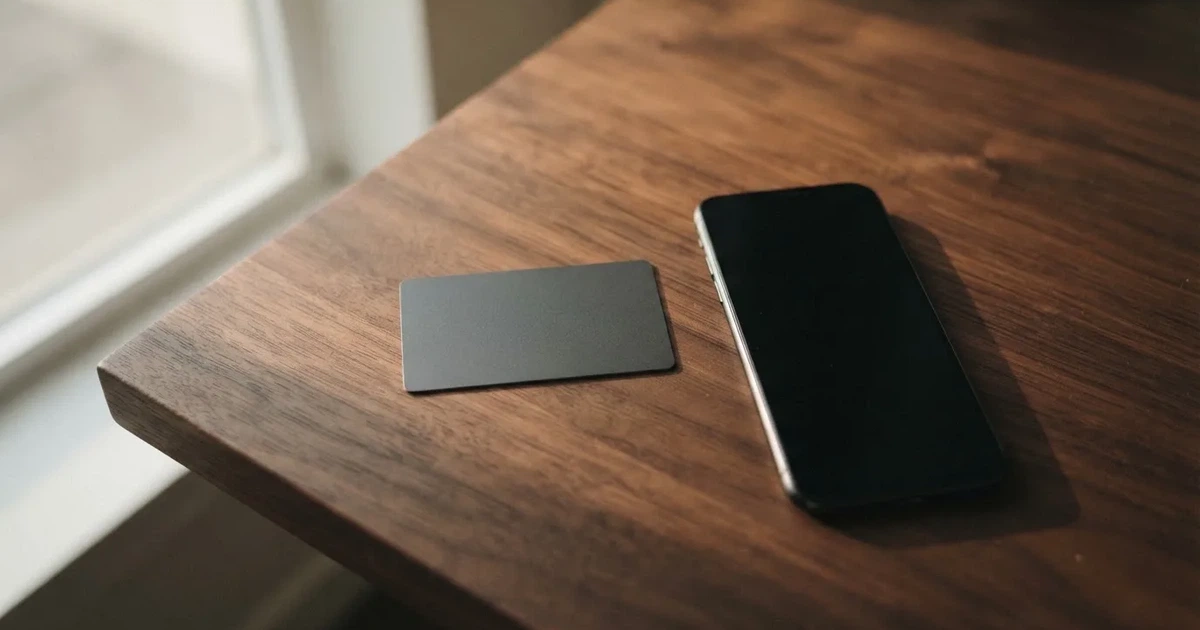 A payment card next to a phone with a crypto wallet app open