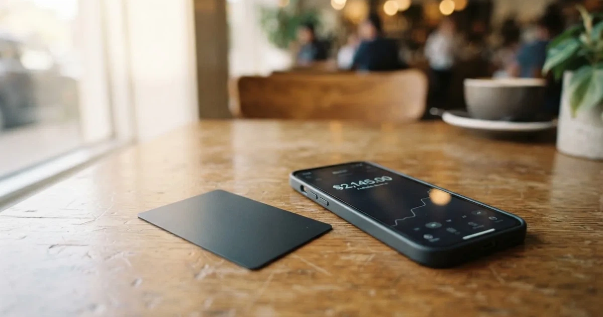 A payment card next to a phone with a crypto wallet app open
