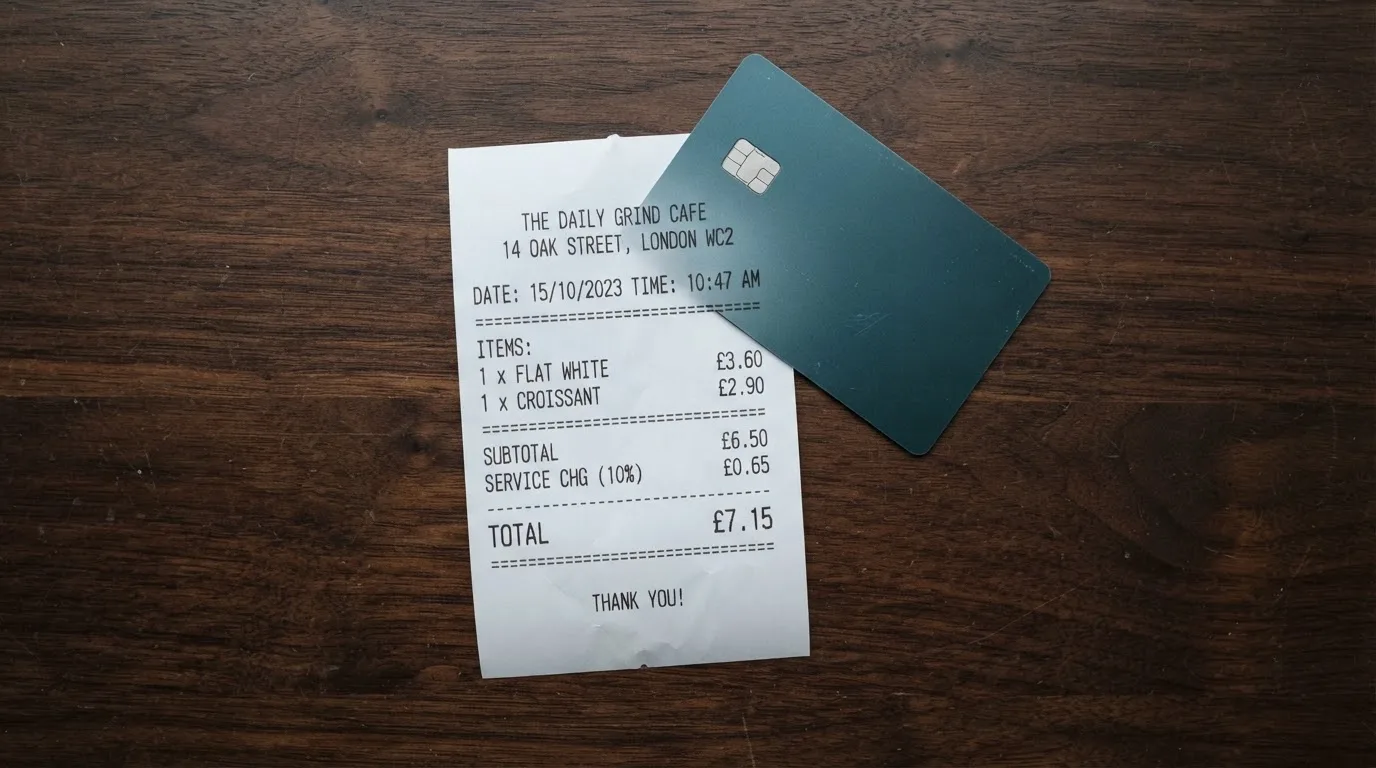 A receipt and a card on a café table