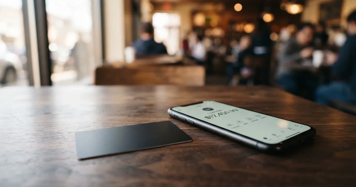 A payment card next to a phone with a crypto wallet app open