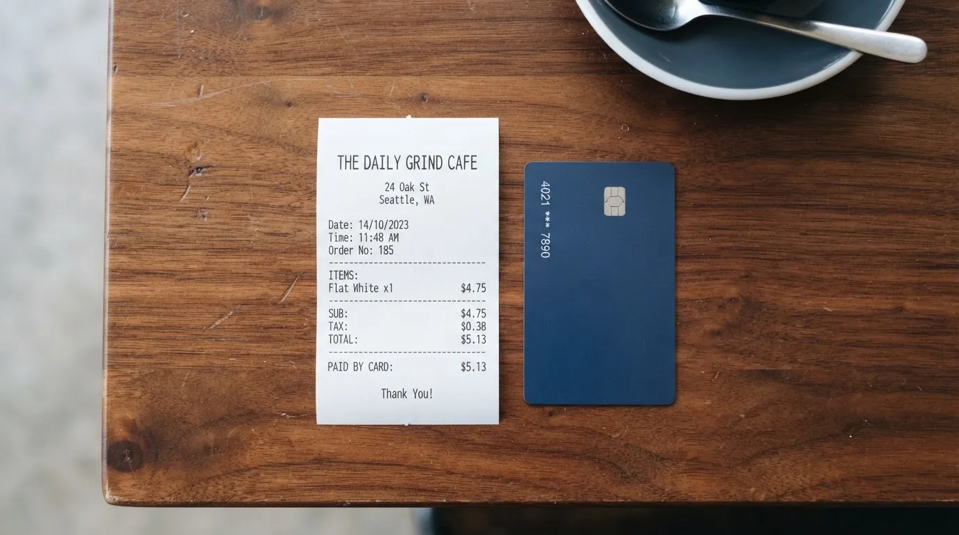 A receipt and a card on a café table