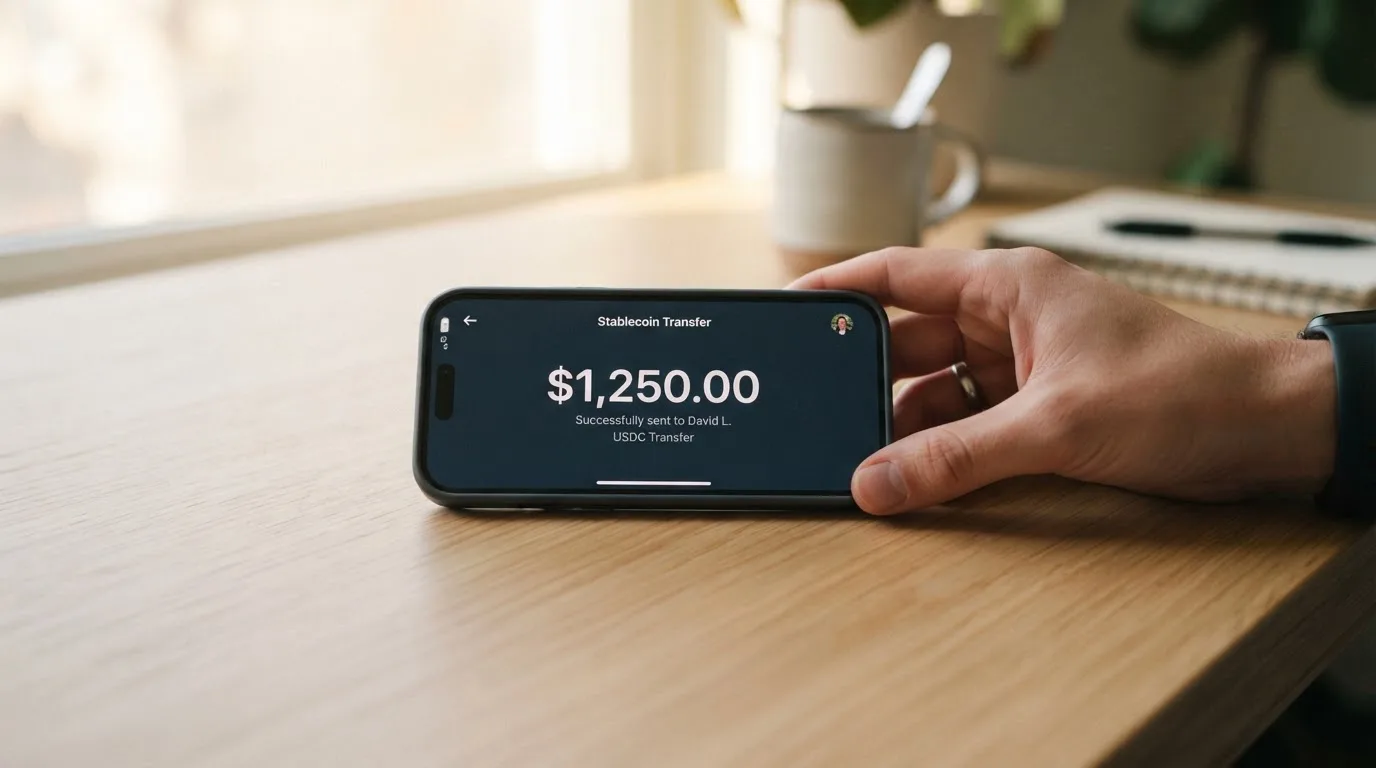 A phone showing a stablecoin transfer screen