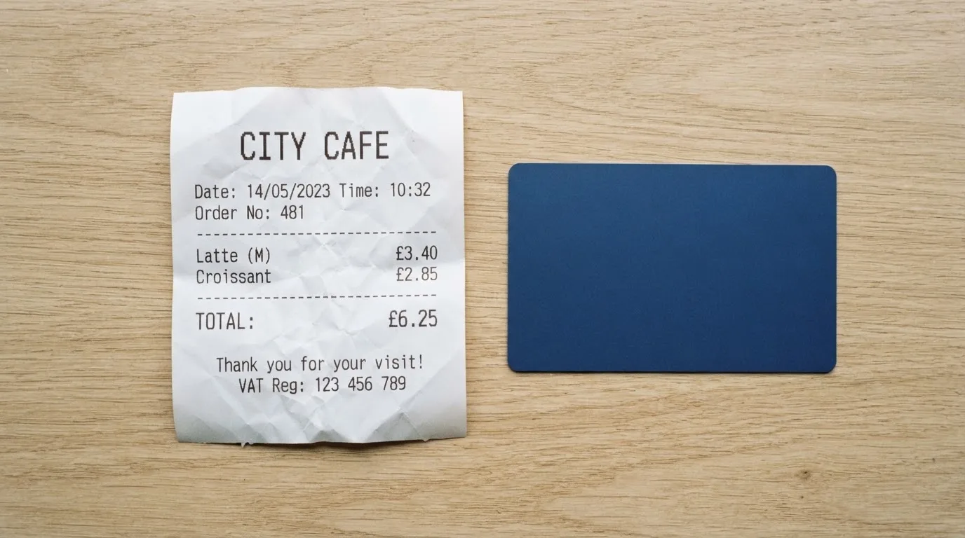 A receipt and a card on a café table