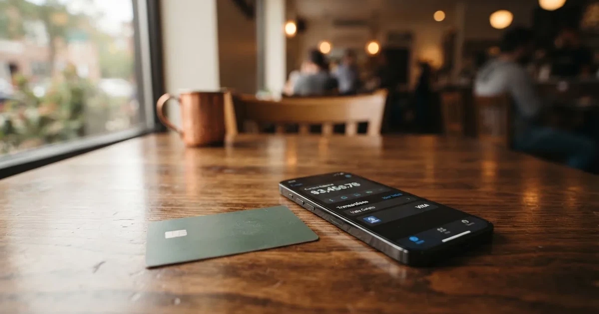 A payment card next to a phone with a crypto wallet app open