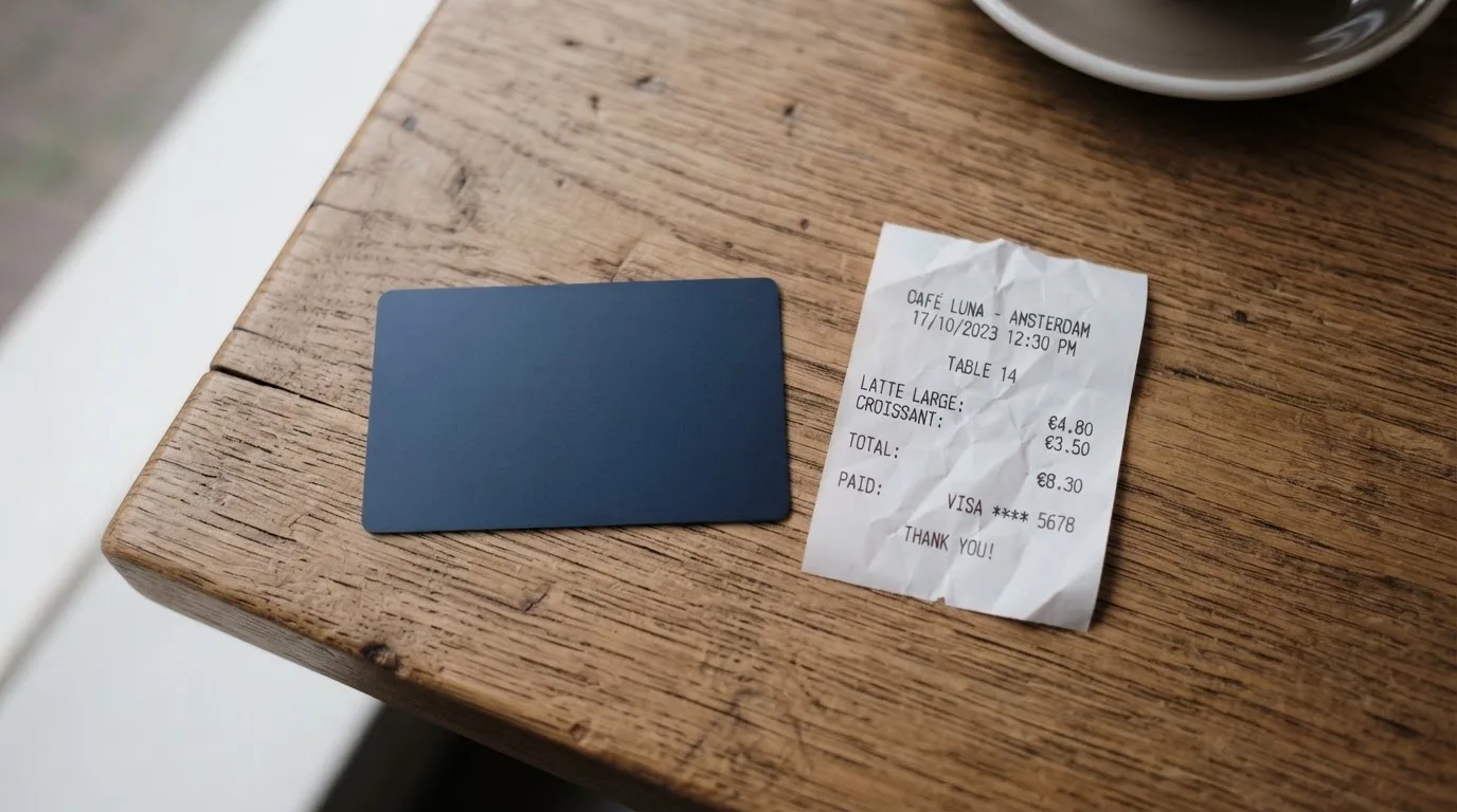 A receipt and a card on a café table