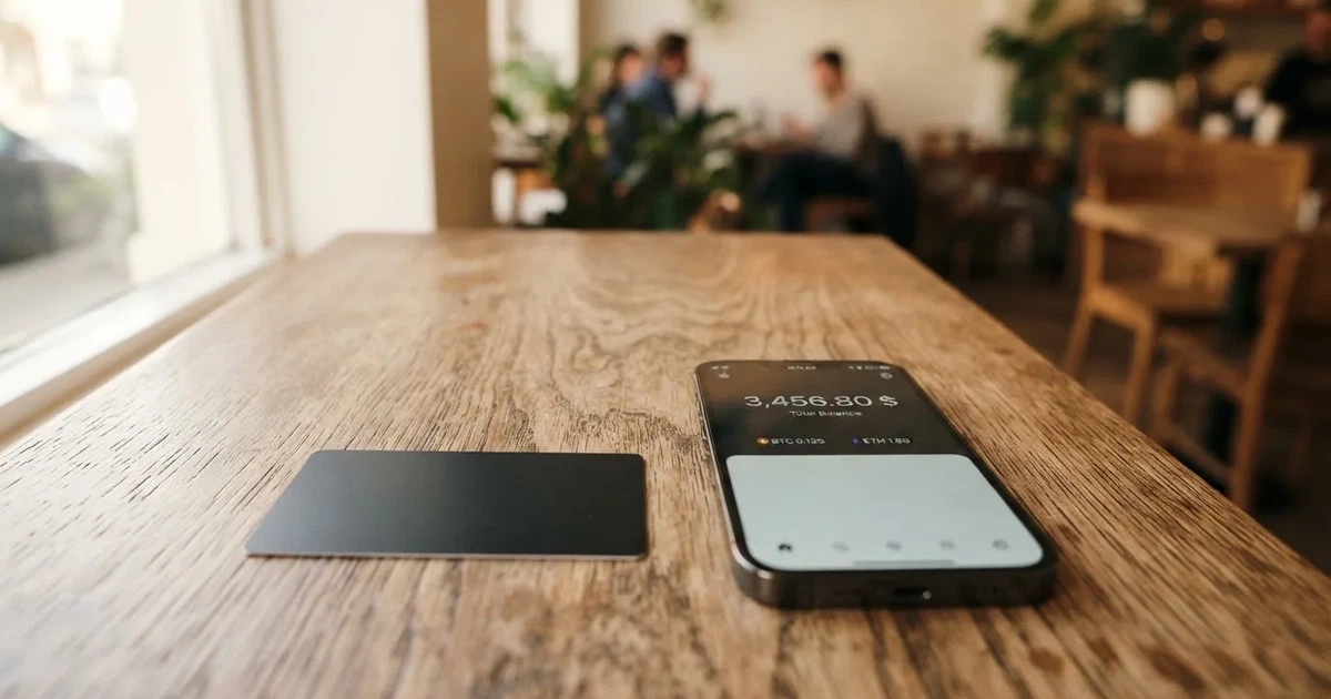 A payment card next to a phone with a crypto wallet app open