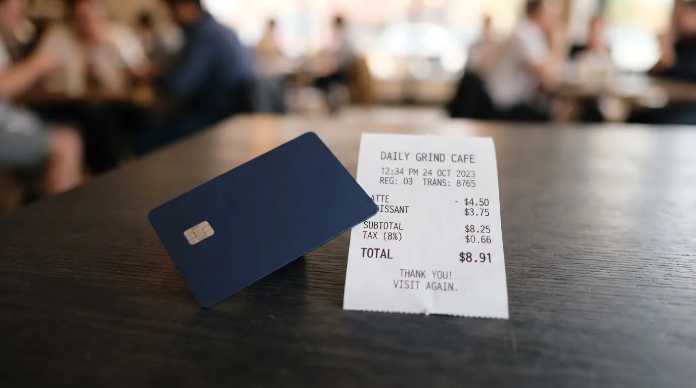 A receipt and a card on a café table