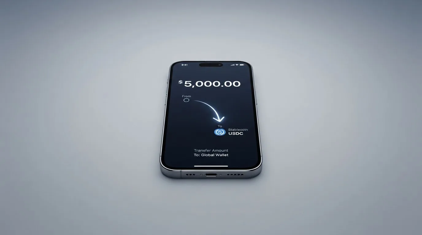 A phone showing a stablecoin transfer screen