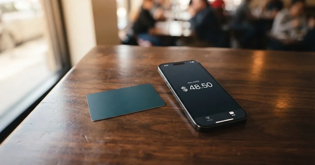 A payment card next to a phone with a crypto wallet app open