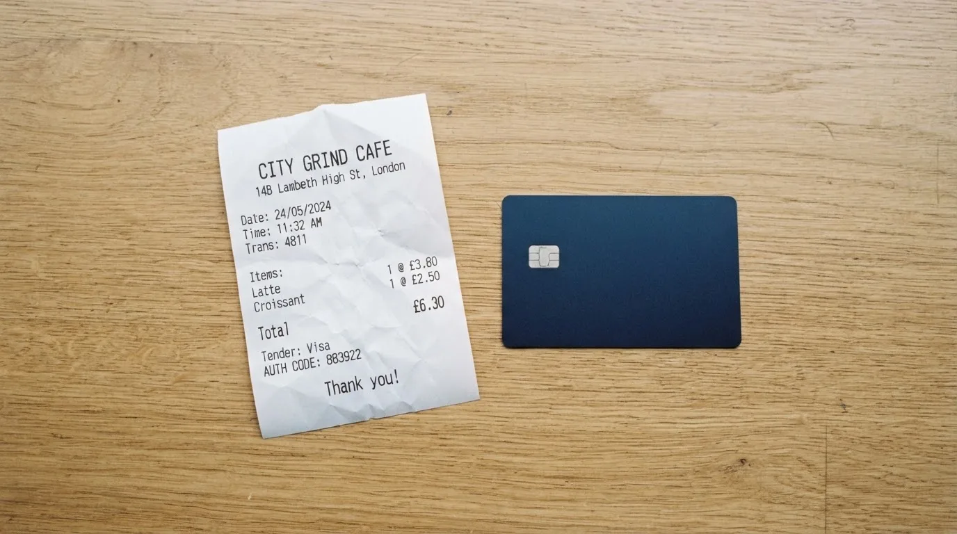 A receipt and a card on a café table