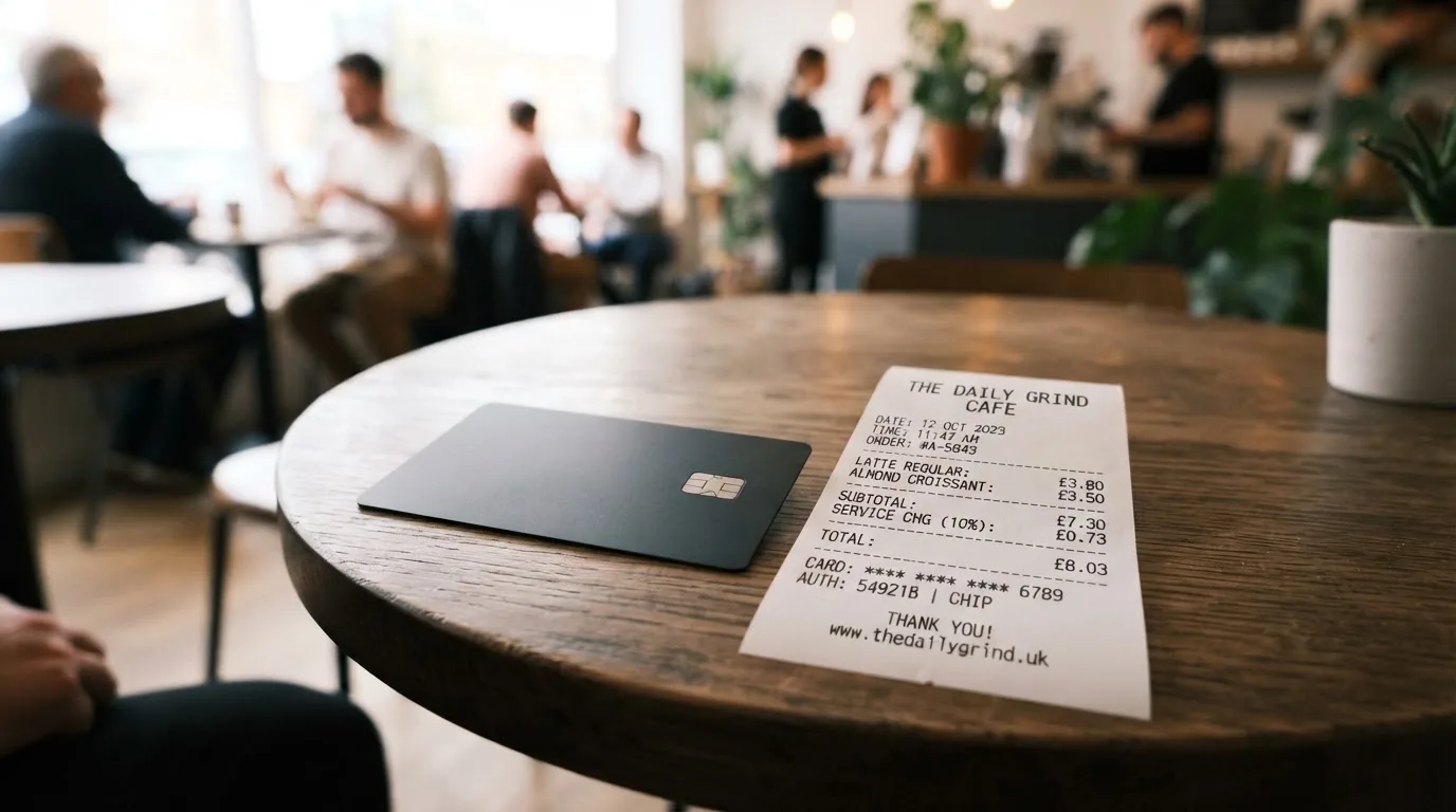 A receipt and a card on a café table