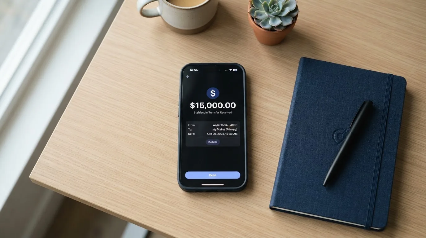 A phone showing a stablecoin transfer screen