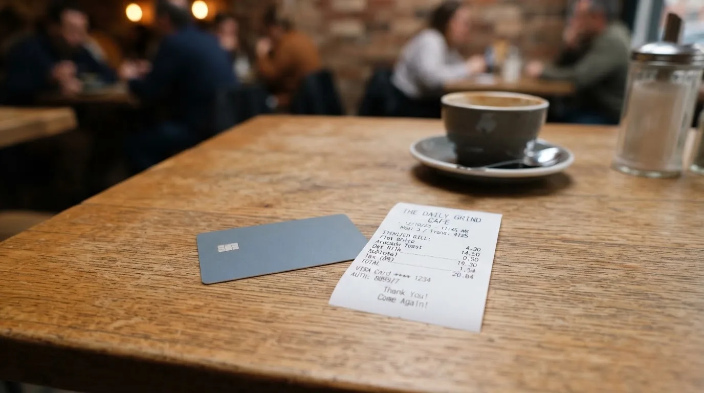 A receipt and a card on a café table