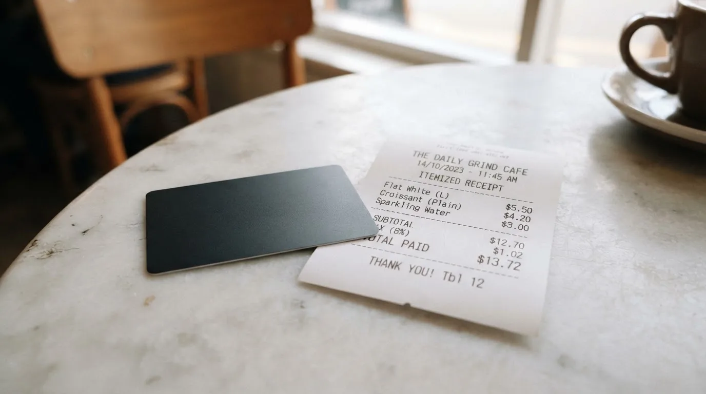 A receipt and a card on a café table