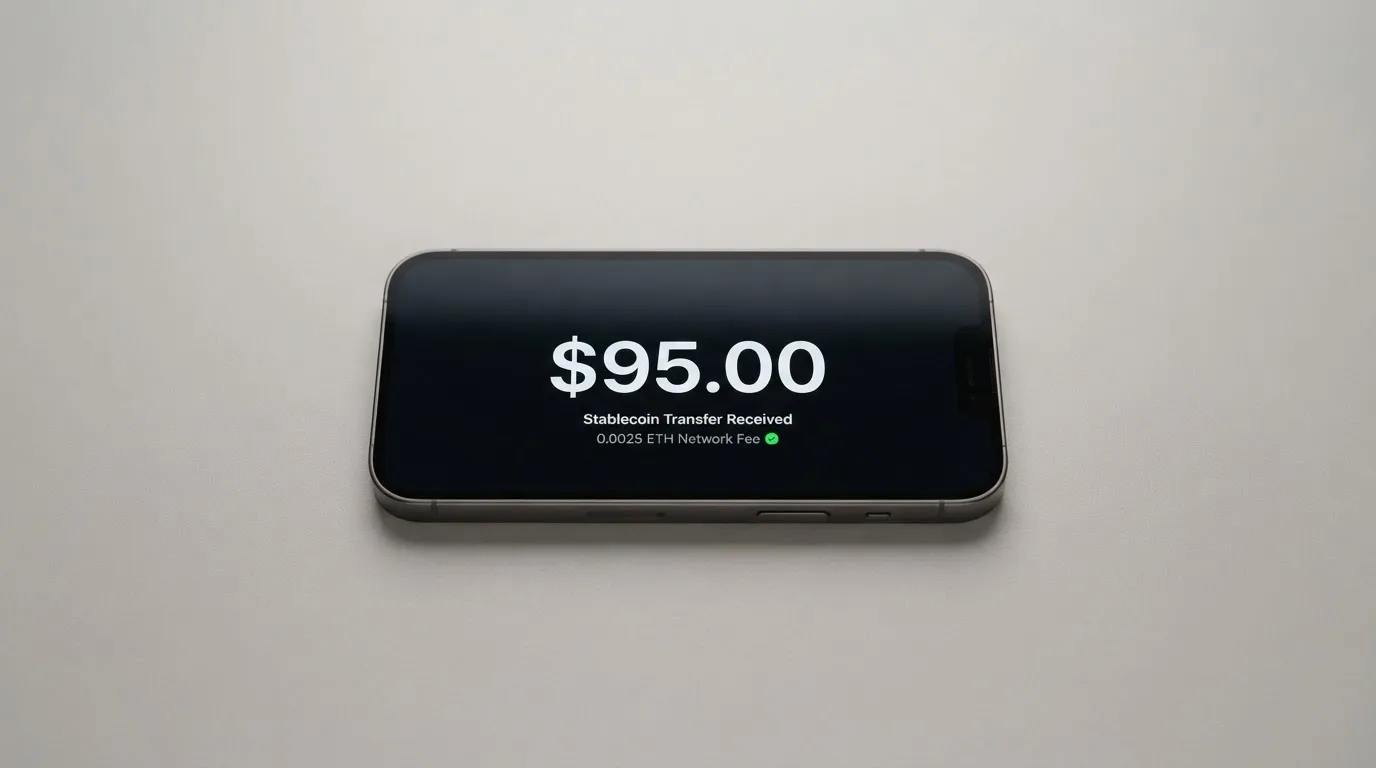 A phone showing a stablecoin transfer screen
