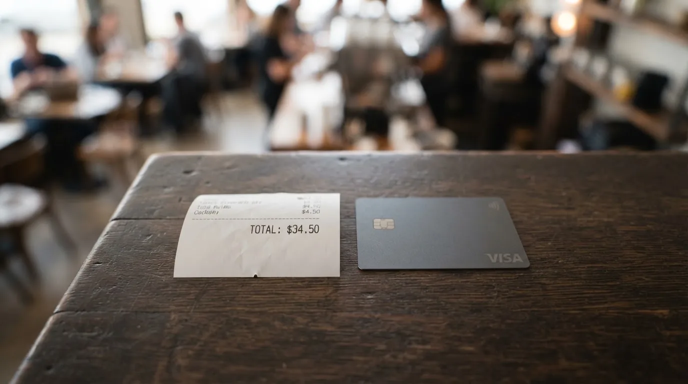 A receipt and a card on a café table