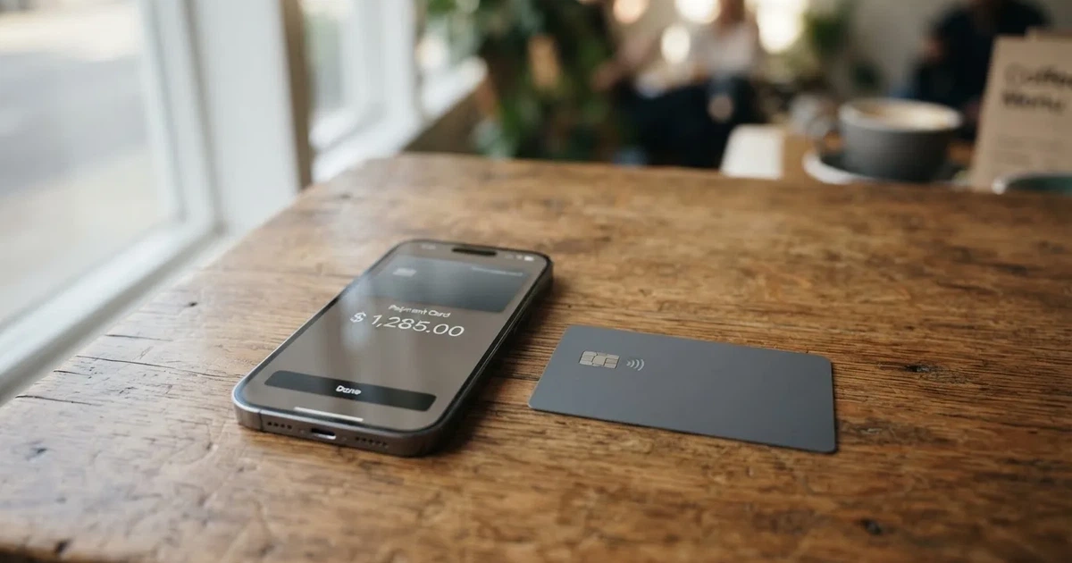 A payment card next to a phone with a crypto wallet app open