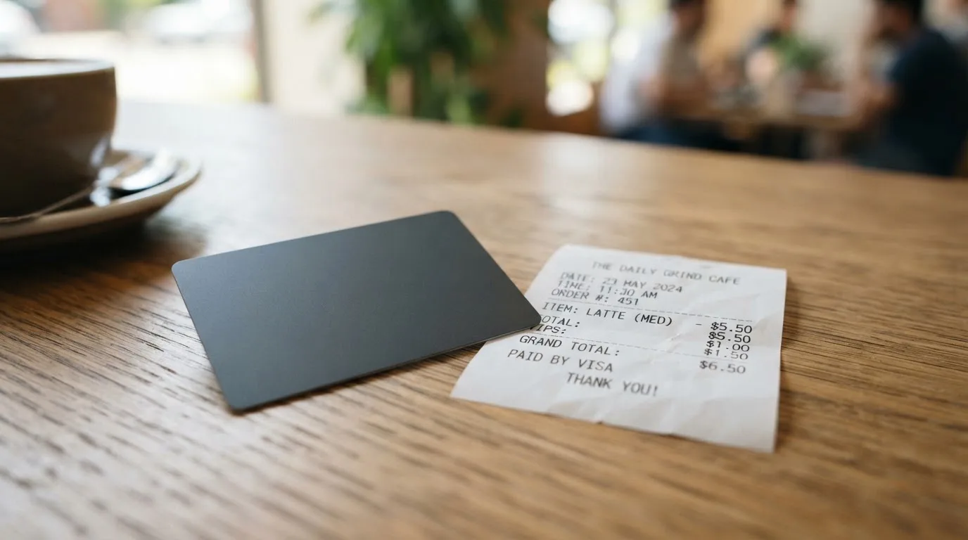 A receipt and a card on a café table
