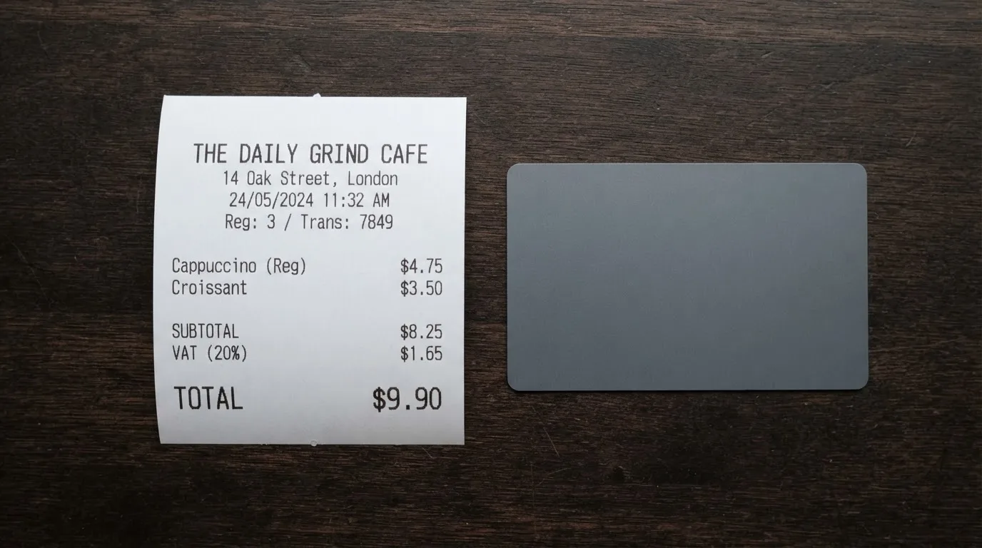 A receipt and a card on a café table