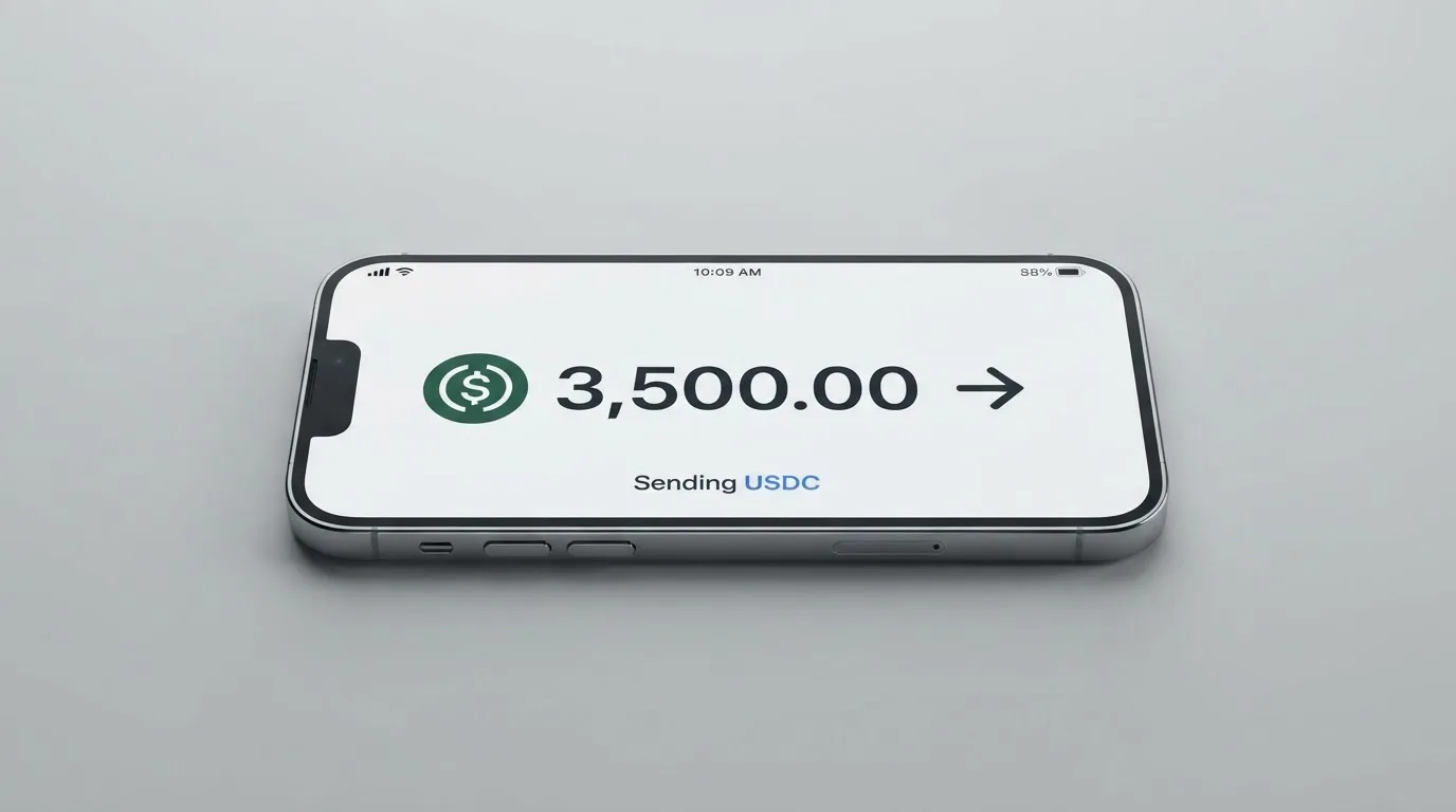A phone showing a stablecoin transfer screen