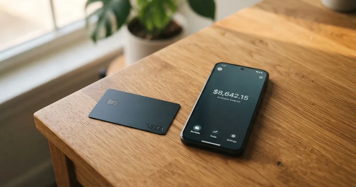 A payment card next to a phone with a crypto wallet app open
