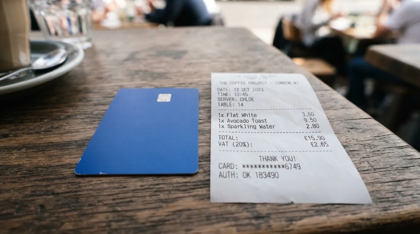 A receipt and a card on a café table