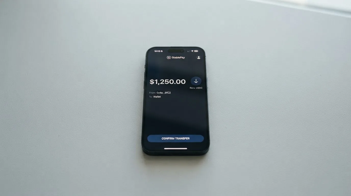 A phone showing a stablecoin transfer screen