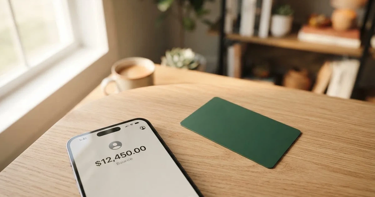 A payment card next to a phone with a crypto wallet app open