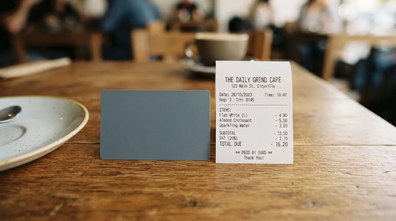 A receipt and a card on a café table