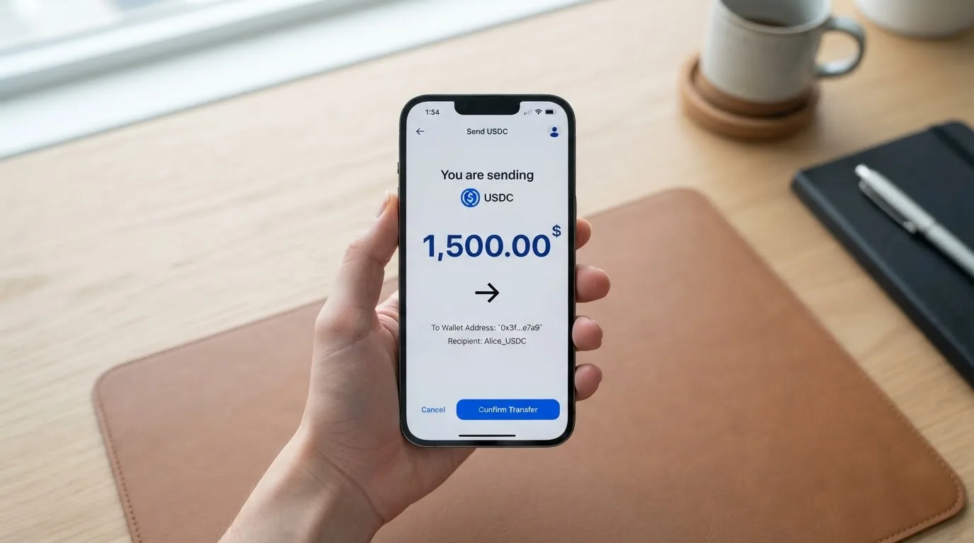A phone showing a stablecoin transfer screen