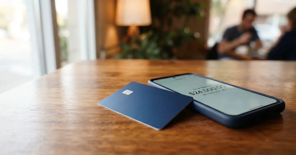 A payment card next to a phone with a crypto wallet app open