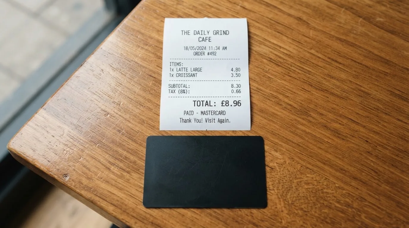 A receipt and a card on a café table